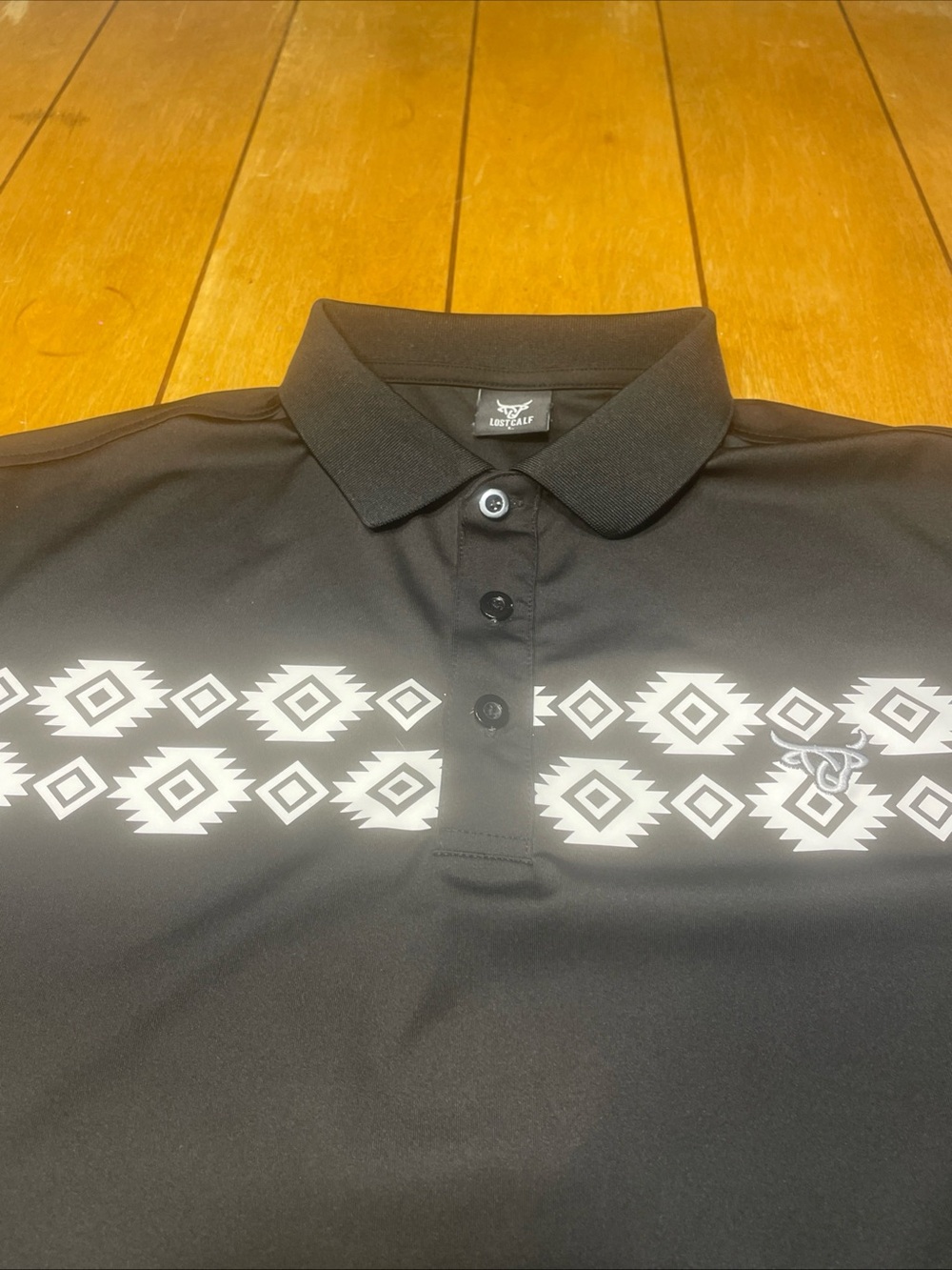 Lost Calf Aztec Polo Size Large Color Black Performance Stretch Outdoor Athletic